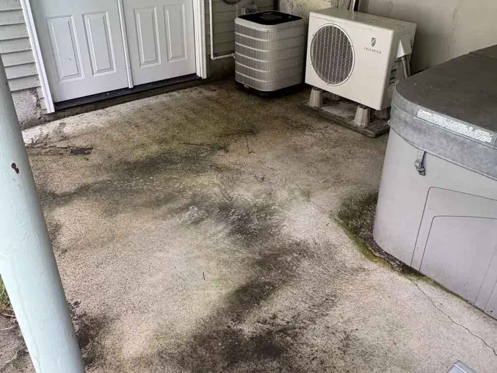 Concrete patio with black algae and mold stains before power washing in Upton MA
