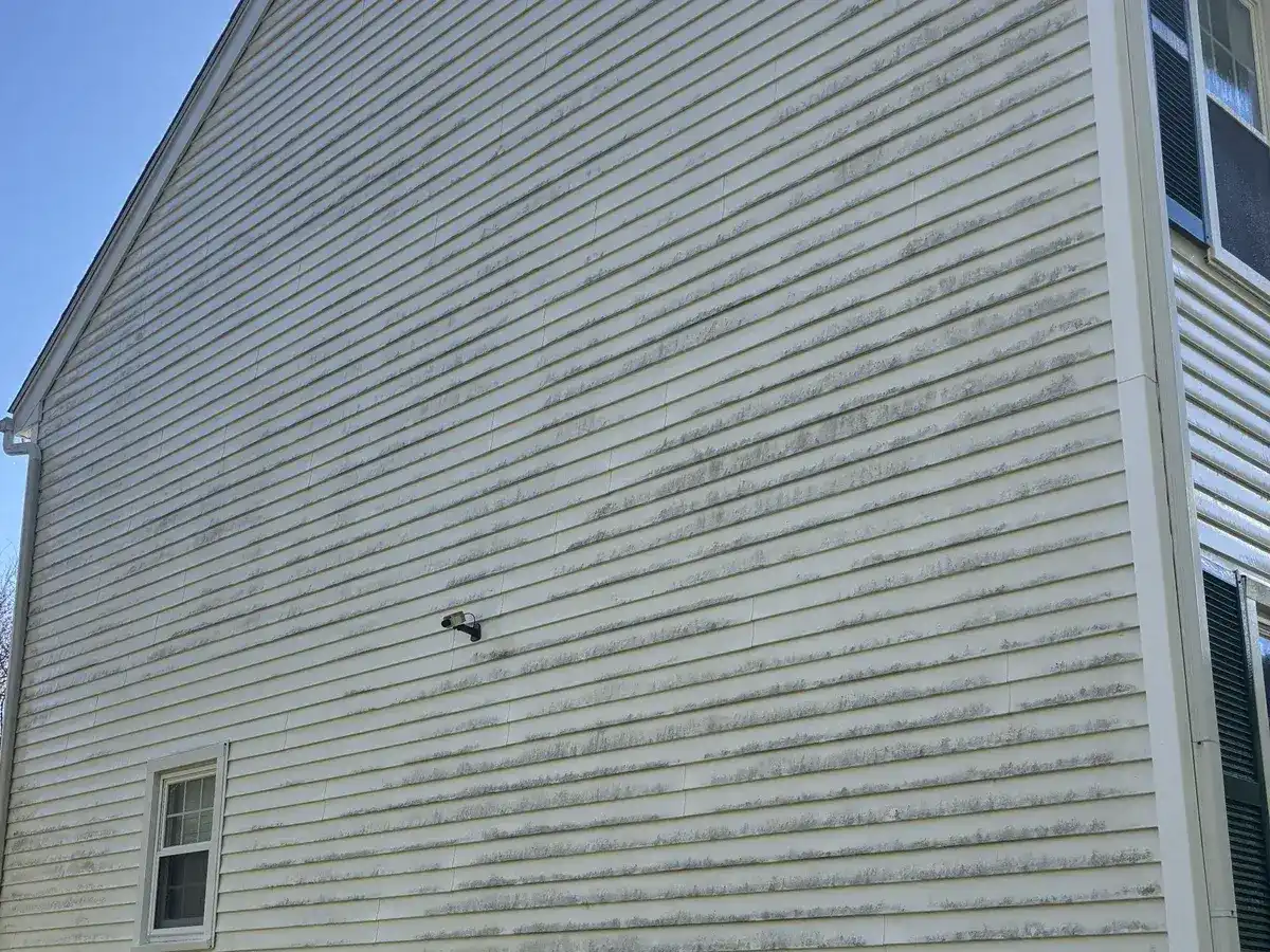 Dirty vinyl house siding with algae and oxidation before soft wash house washing in Mendon MA