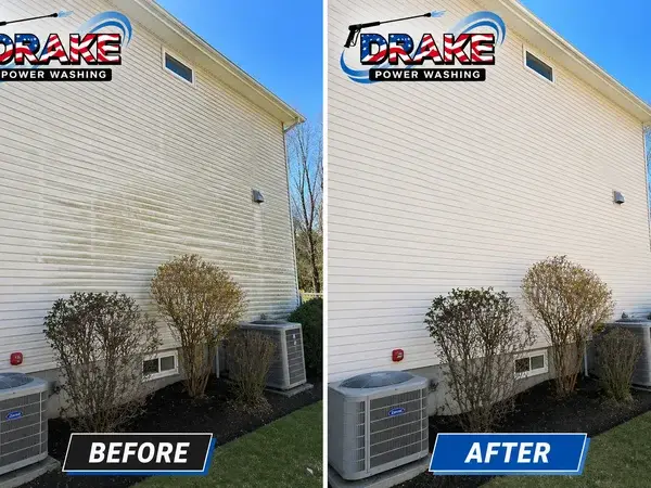 Before and after vinyl siding house washing by Drake Power Washing: algae and mildew removed with professional soft wash