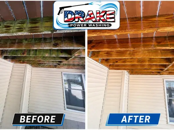 Before and after deck ceiling cleaning by Drake Power Washing: algae and mildew removed to reveal natural wood