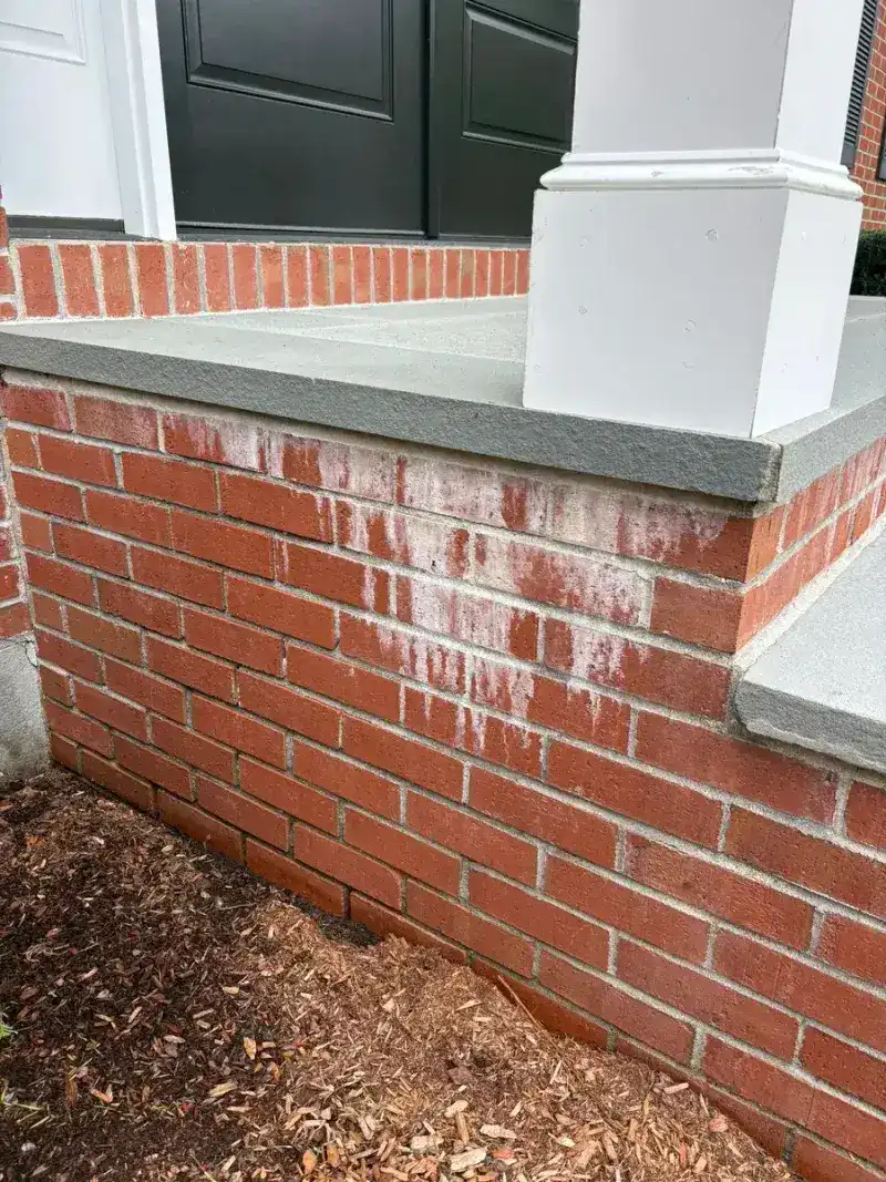 Brick masonry with white mineral deposits before treatment