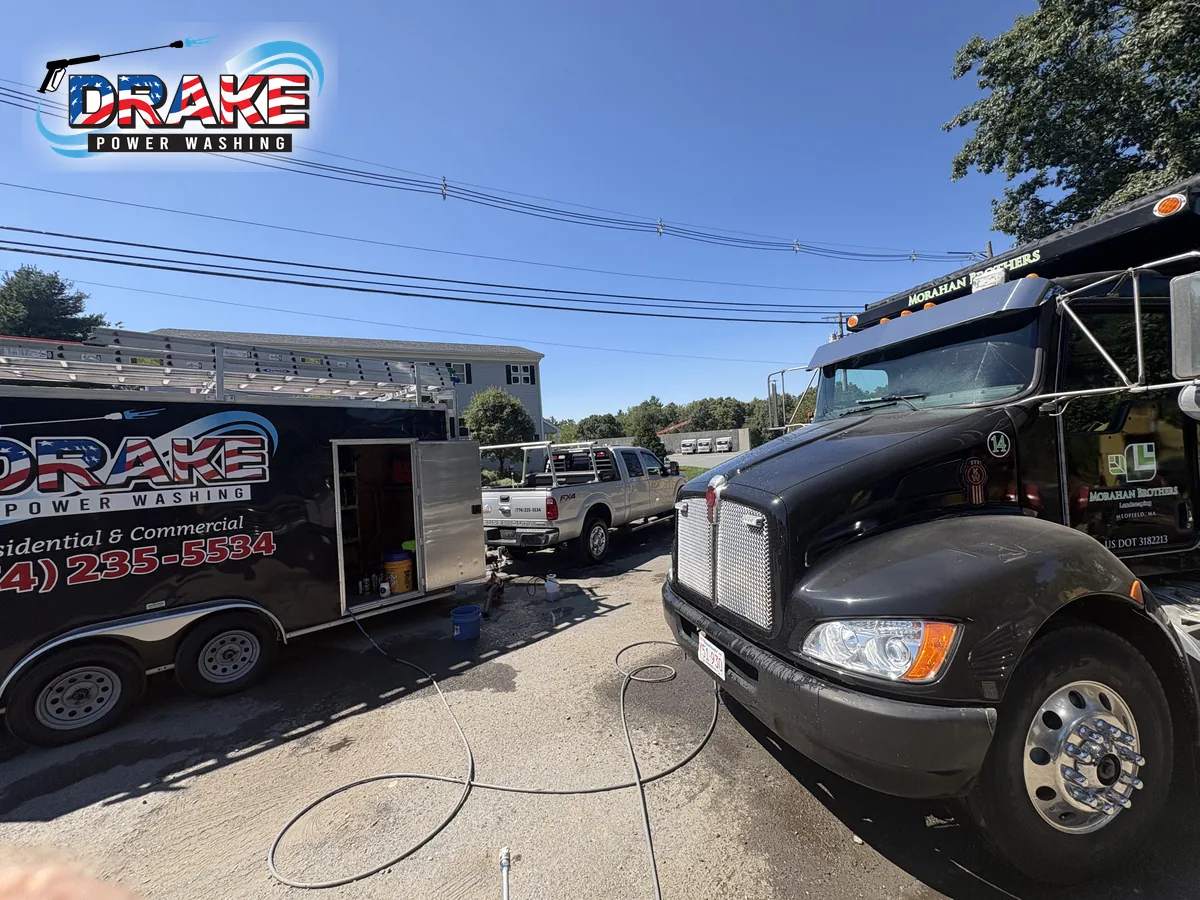 Drake Power Washing mobile fleet washing setup at a Medfield job site