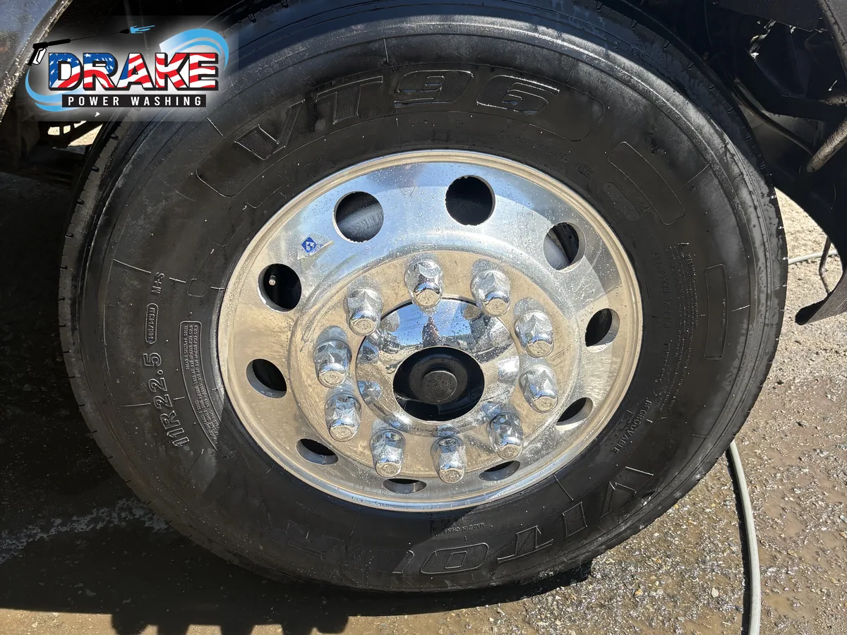 Clean truck wheel after detailed fleet washing in Medfield
