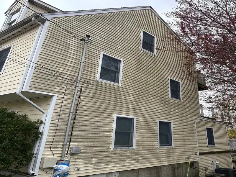 House before power washing showing algae and dirt