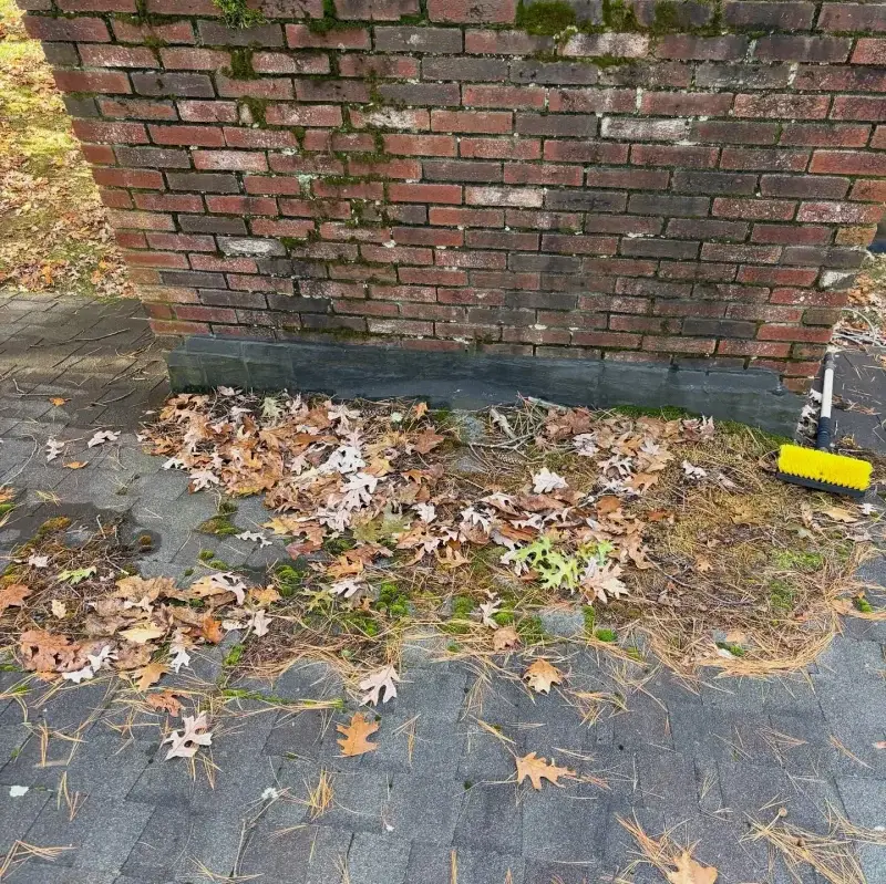 Brick chimney with moss and debris on surrounding roof